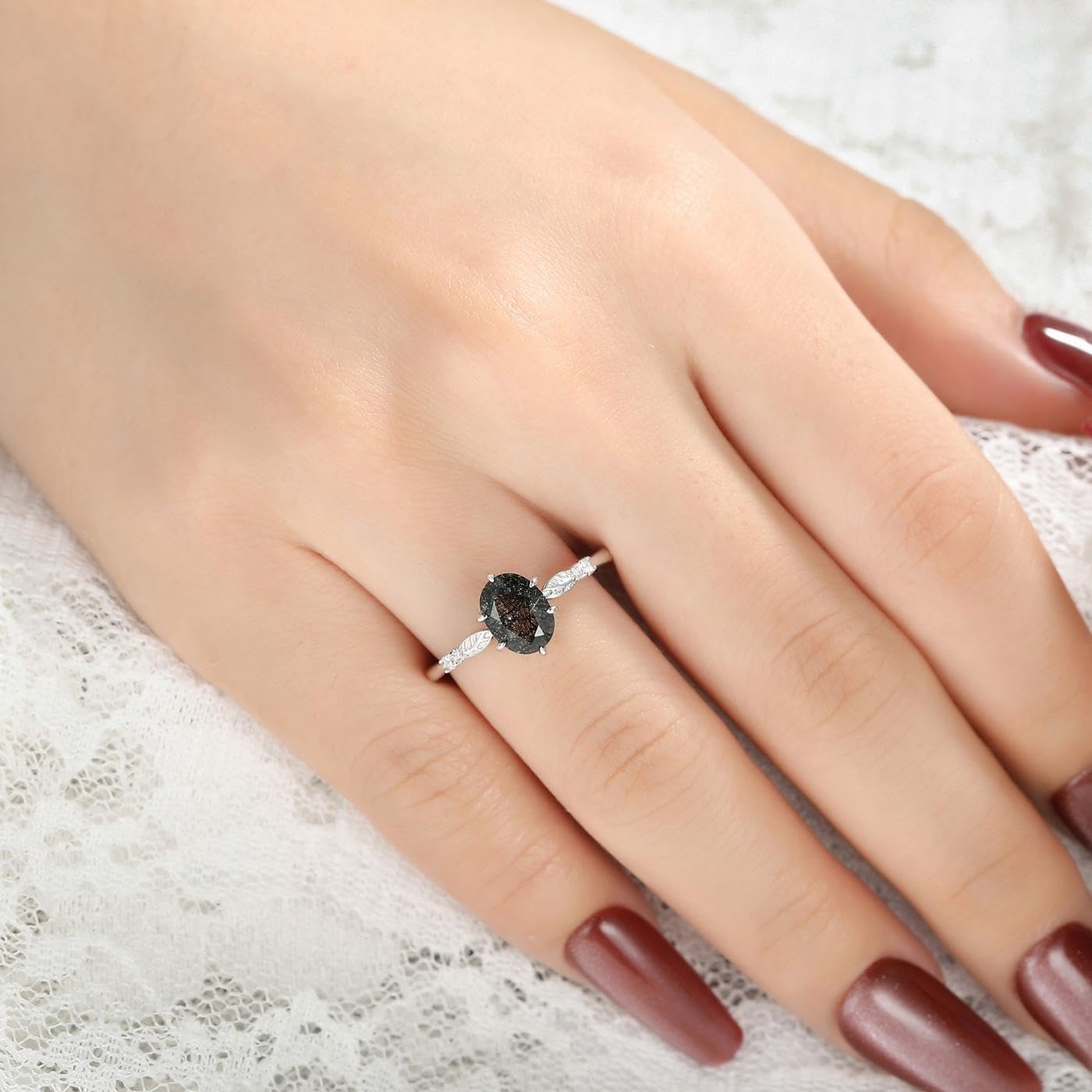 Natural Moss Agate Ring for Women Black Rutilated Quartz 925 Sterling Silver Art Deco/Vintage Gemstone Bridal Wedding Engagement Promise Ring for Her Size 4-9