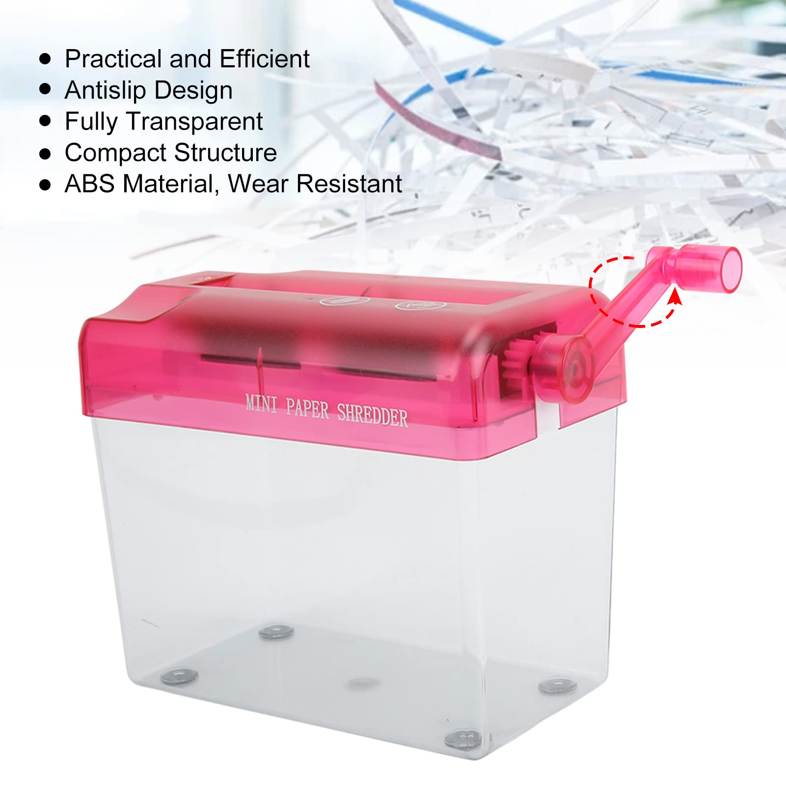 Kudoo Manual Shredder, Hand Crank File Paper Shredder, A6 Mini Shredder Fully Transparent Manual Operated Cross Cut Shred Private File Content Personal School Office Supplies, Pink