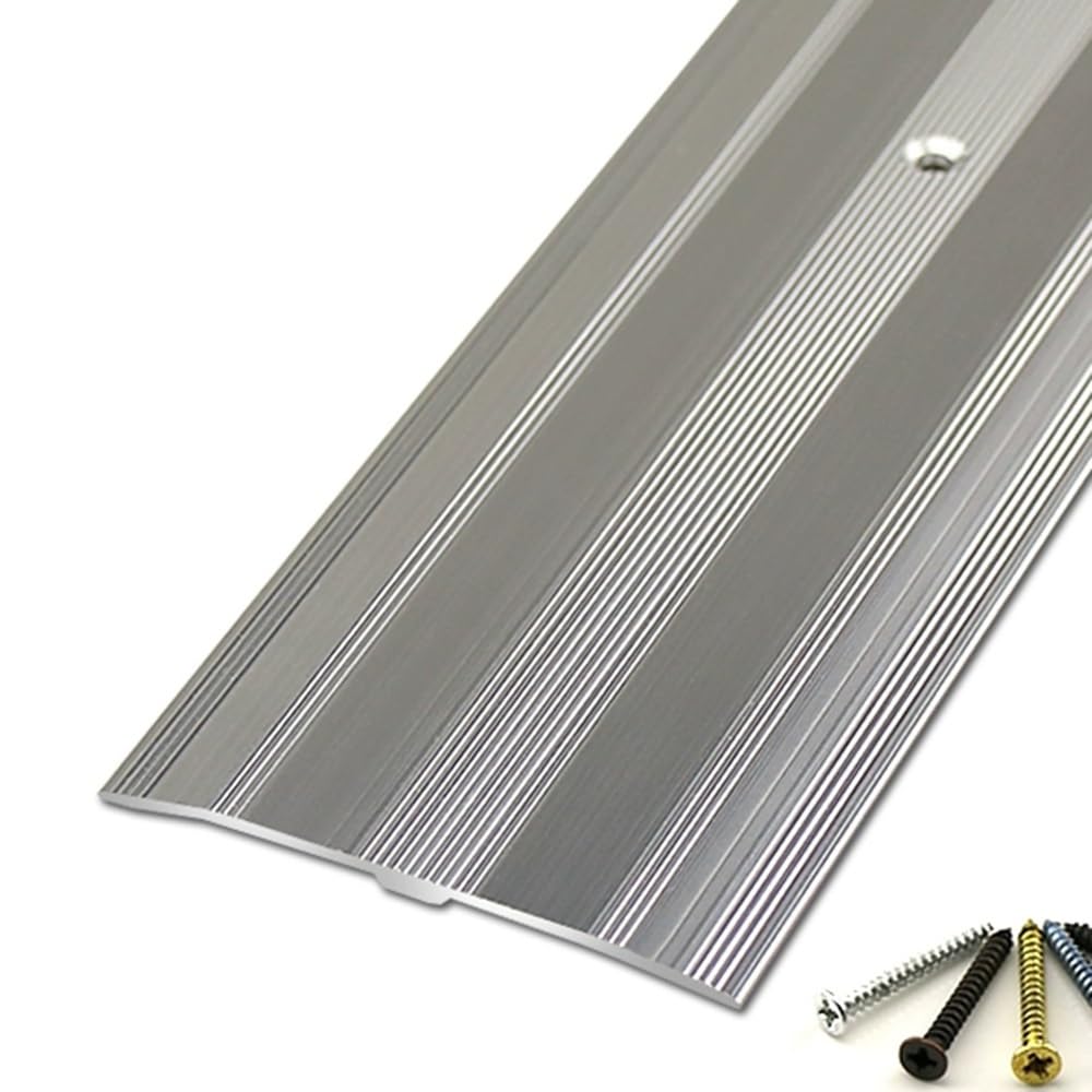 NILZA Black Metal Floor Transition Strip Aluminum Threshold Strip 2.4in Wide Flat Divider Strip, Doorway Edge Trim Ramp Reducer for Doorways Flooring Gaps Vinyl Floor Transition(Silver,90cm(A))