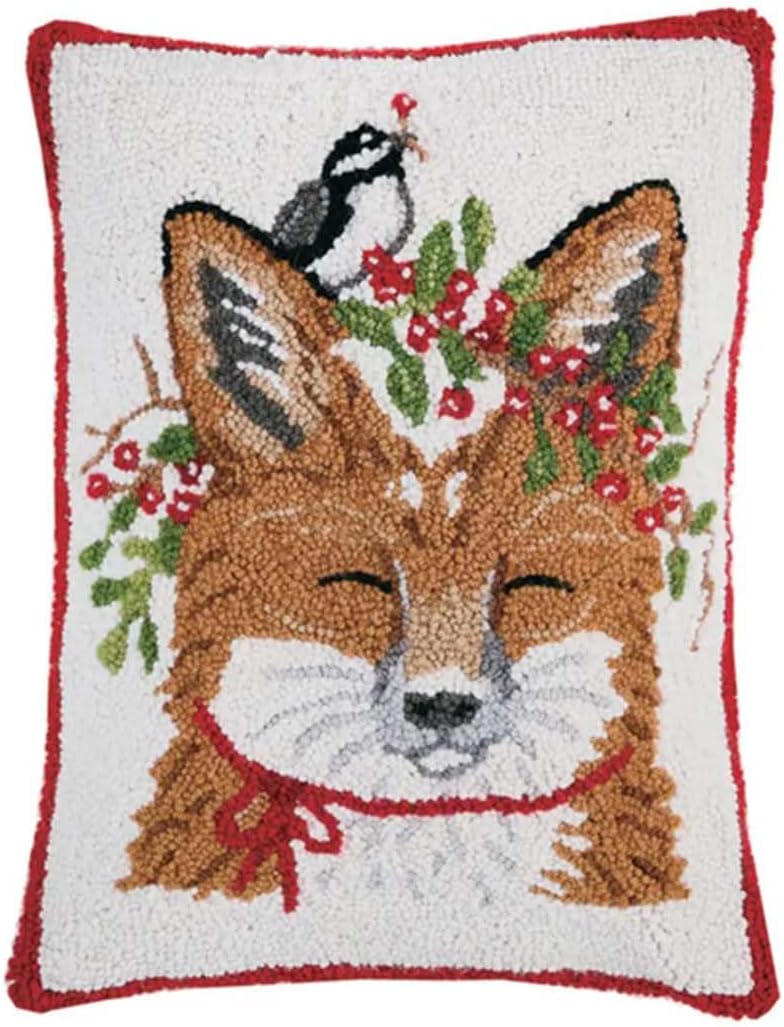 Peking Handicraft Fox with Chickadee Pillow, 18-inch Length, Wool and Velvet Back
