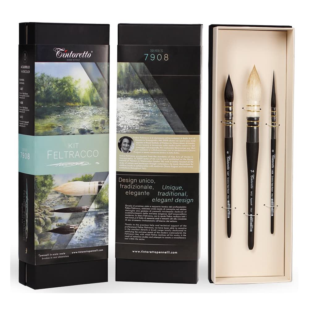 TINTORETTO SET LINEA FELTRACCO, SET 3 PENNELLI SINTETICI VAJO KAZAN PER ACQUARELLO ALTA TENUTA