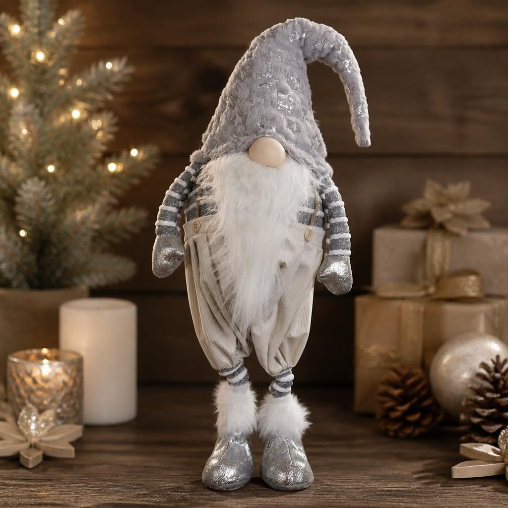 XL Weihnachtsfigur Gnom Wichtel 70cm stehend Silber-grau