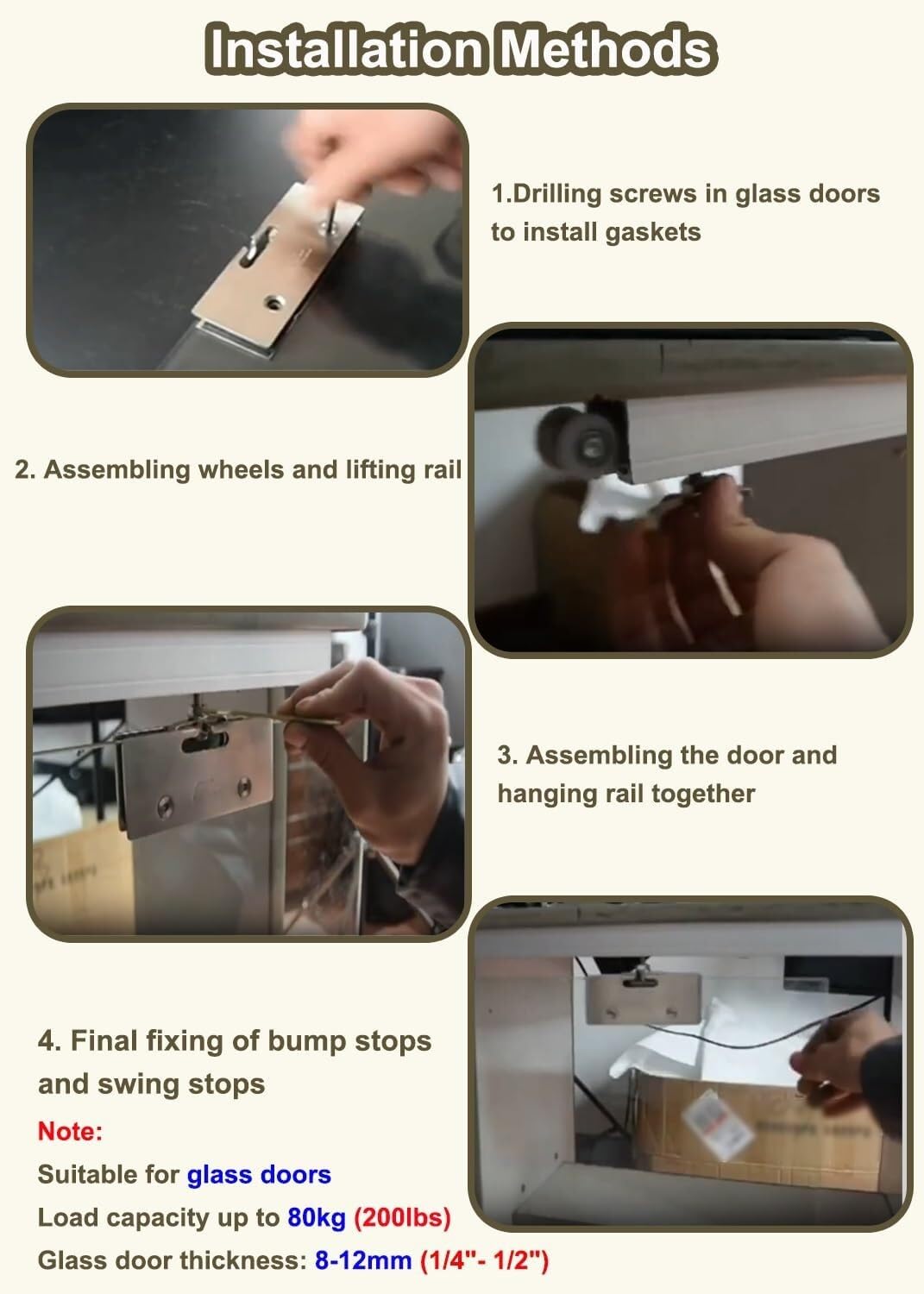 Kit Puerta Corredera, Rodillos Puertas Vidrio Suspendida, Desplazamiento Silencioso, Herrajes Puerta Vidrio Sin Marco, Compatible Múltiples Escenarios | B,28in/71.1cm