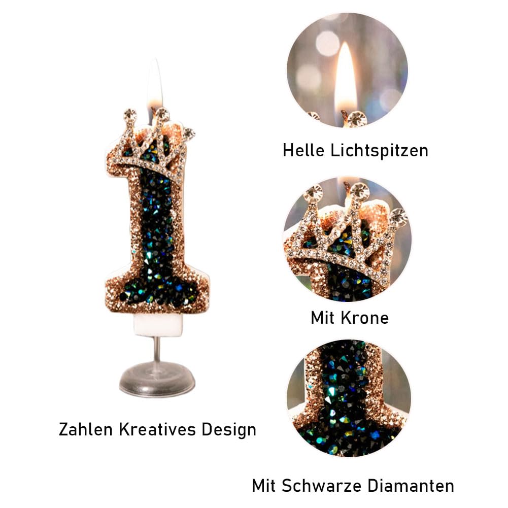 Velas de cumpleaños, 10 unidades, con diamantes negros 3D, decoración para tartas con corona, número de pastel, decoración de tartas, números del 0 al 9, número de cumpleaños, velas digitales