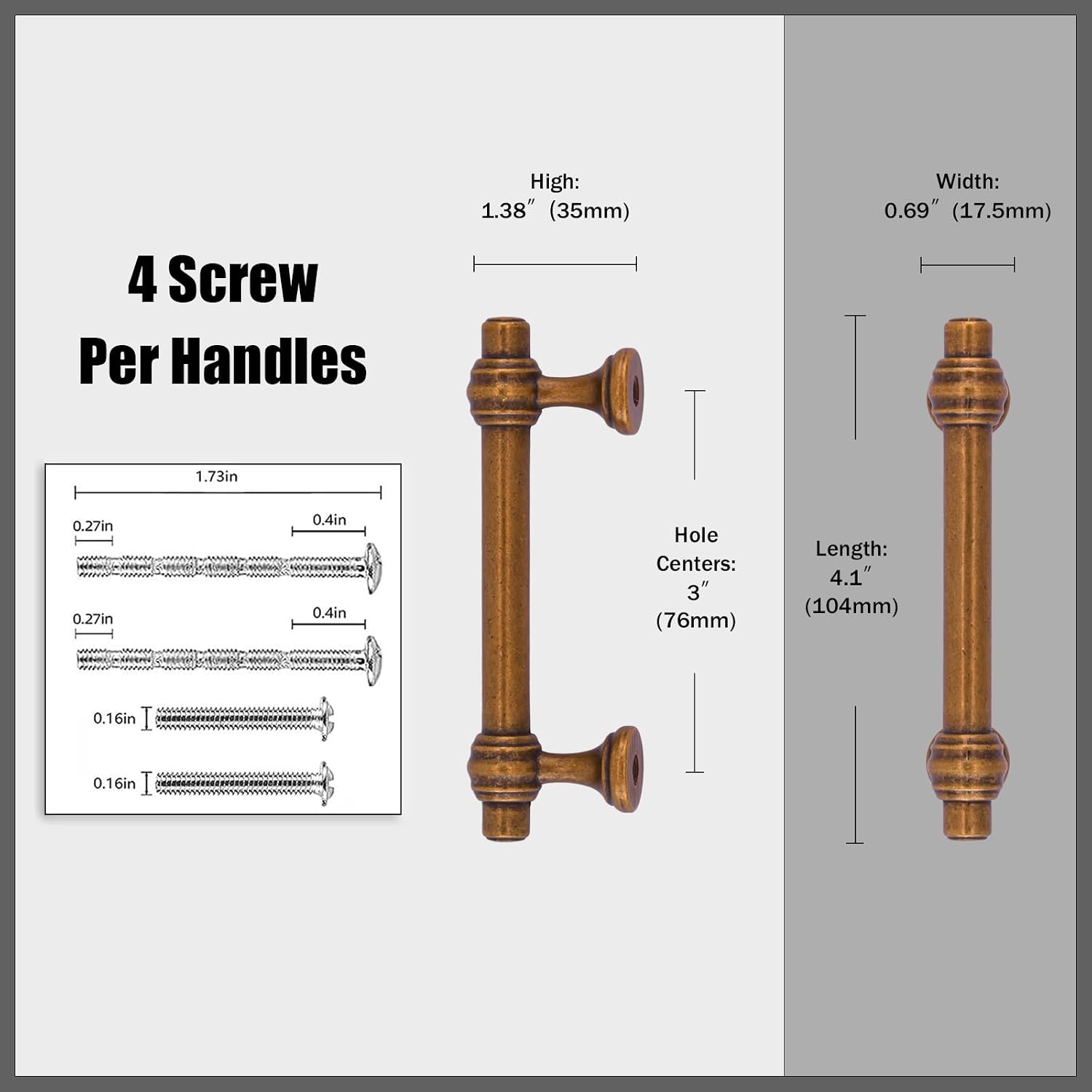 10 Pack Antique Brass Cabinet Pulls 3 Inch(76mm) Kitchen Cabinet Handles Solid Heavy Duty Drawer Pulls