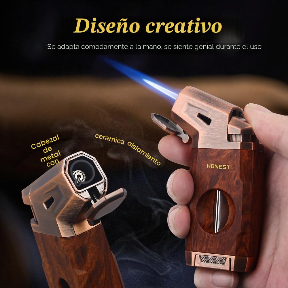 HONEST Encendedor de cigarros resistente al viento, caja cortadora de puros en V integrada, recargable, todo en uno