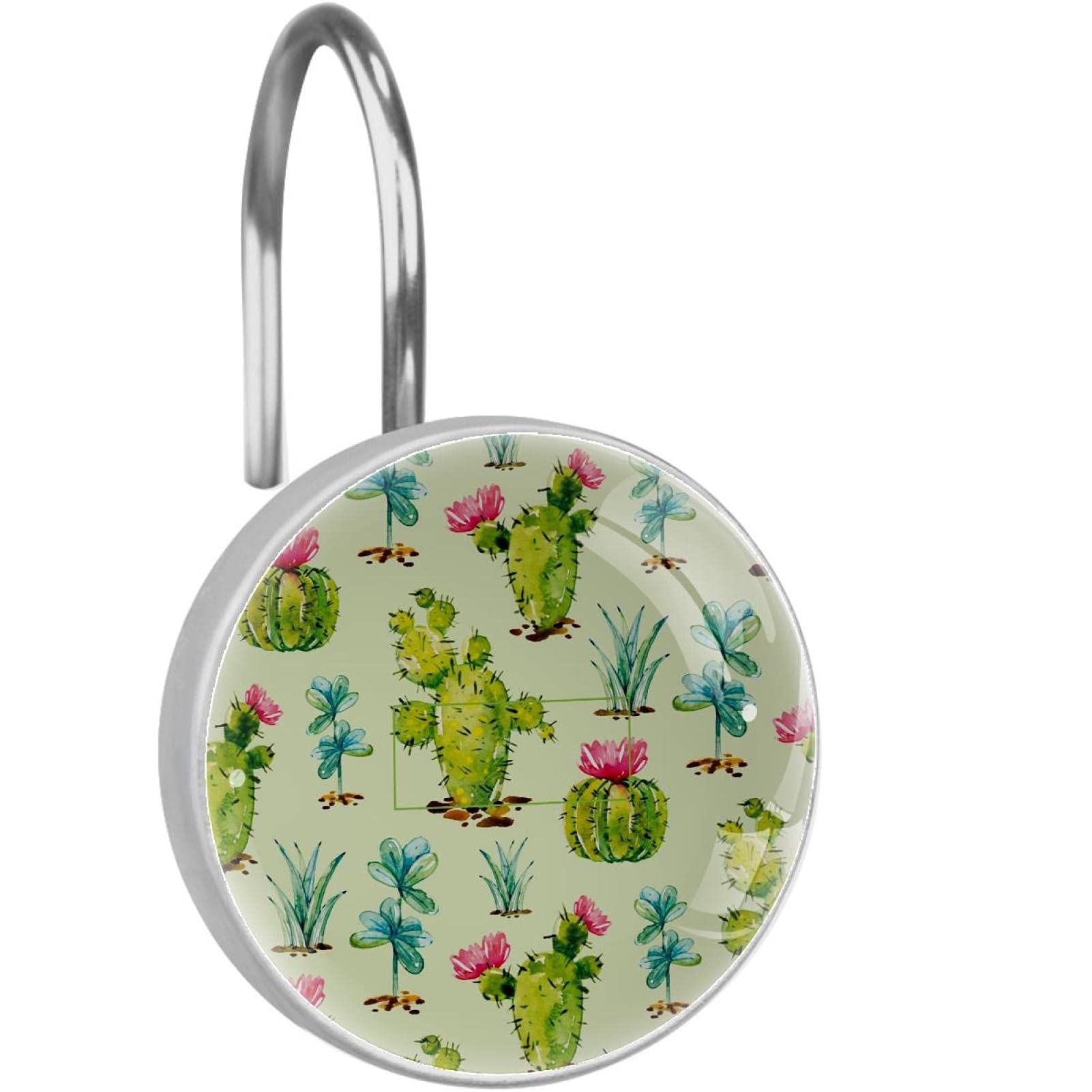 Crochets de rideau de douche en acier inoxydable avec motif cactus vert lot de 12