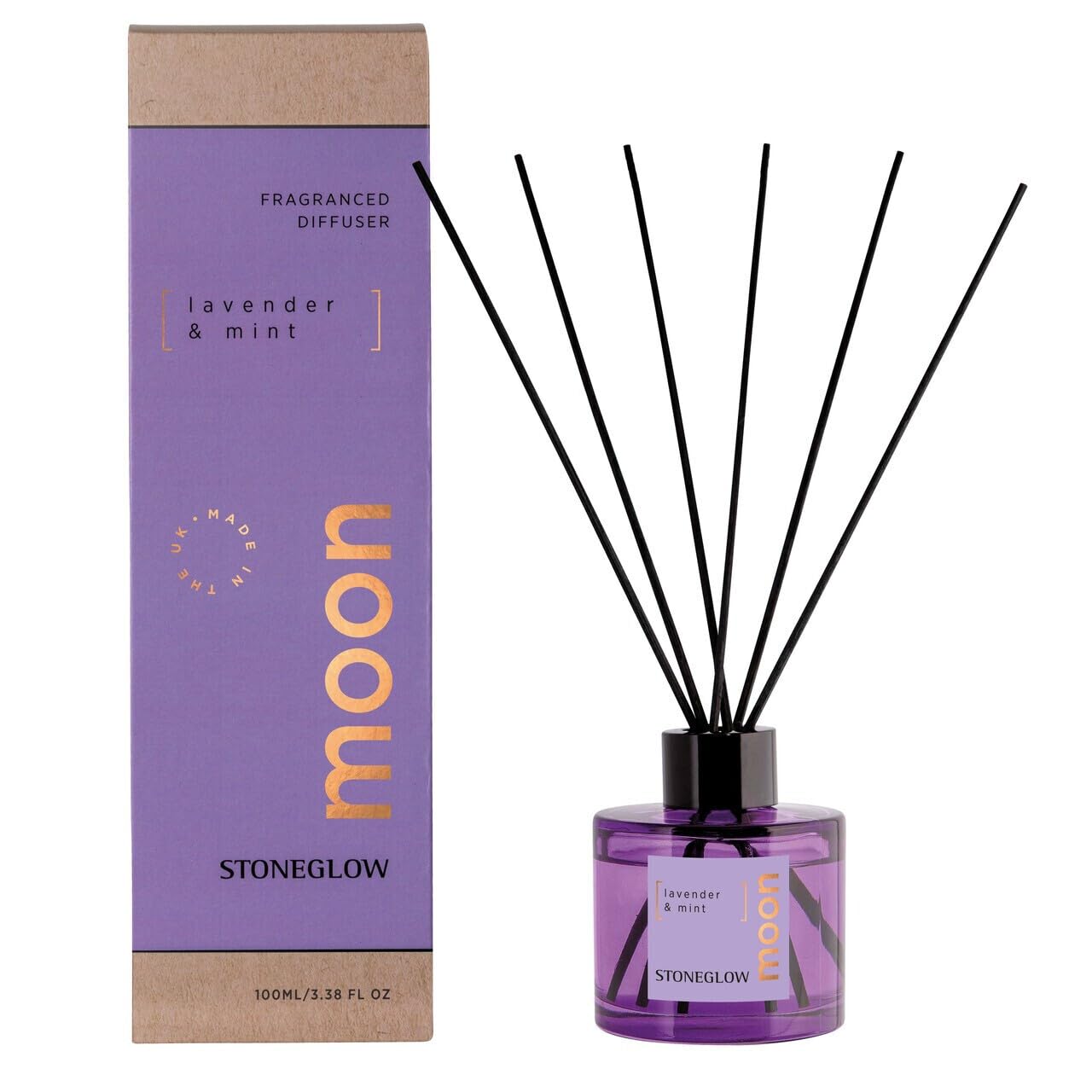 Stoneglow Elements Collection Moon Lavender & Mint Scented Reed Diffuser 100ml, Lasts 8 Weeks, 12 Rattan Reed Diffuser Sticks, Refillable Fragrance, Air Freshener for Home, Bergamot & Musk Notes