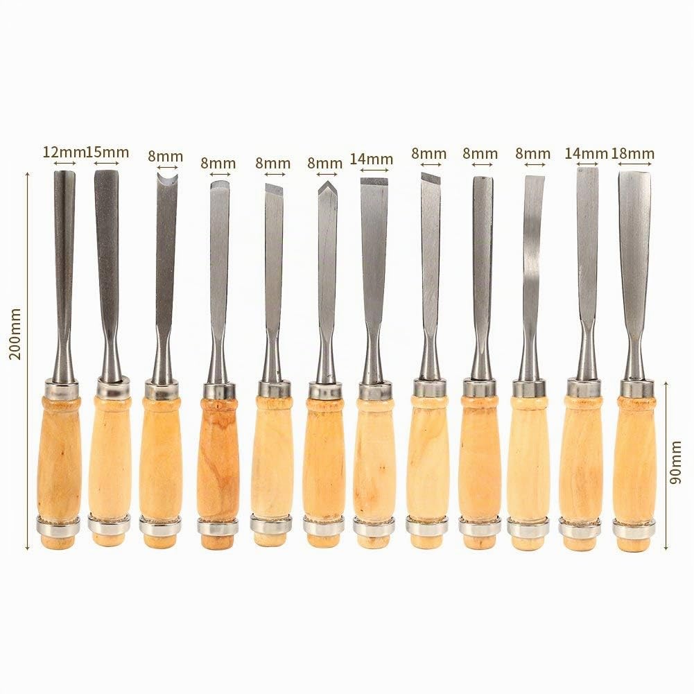 12 pezzi scalpelli per intaglio del legno con manici in legno - set utensili per scultura su legno professionale, strumenti per tornitura e incisione