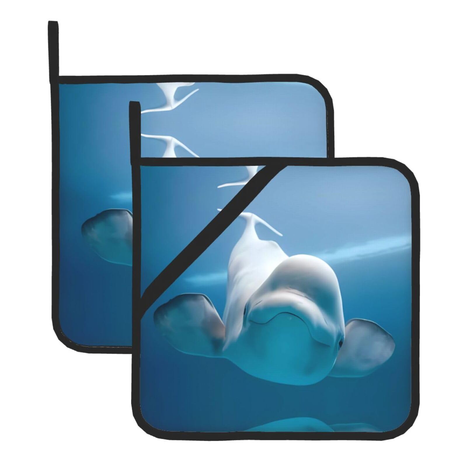 WHJSSF Cute whale Prints Square Hot Pads for Kitchen Counter - Waterproof Trivets with Hanging Loop, Thick Pot Covers for Serving, Oven & BBQ - Set of 2 (1 with Pocket)