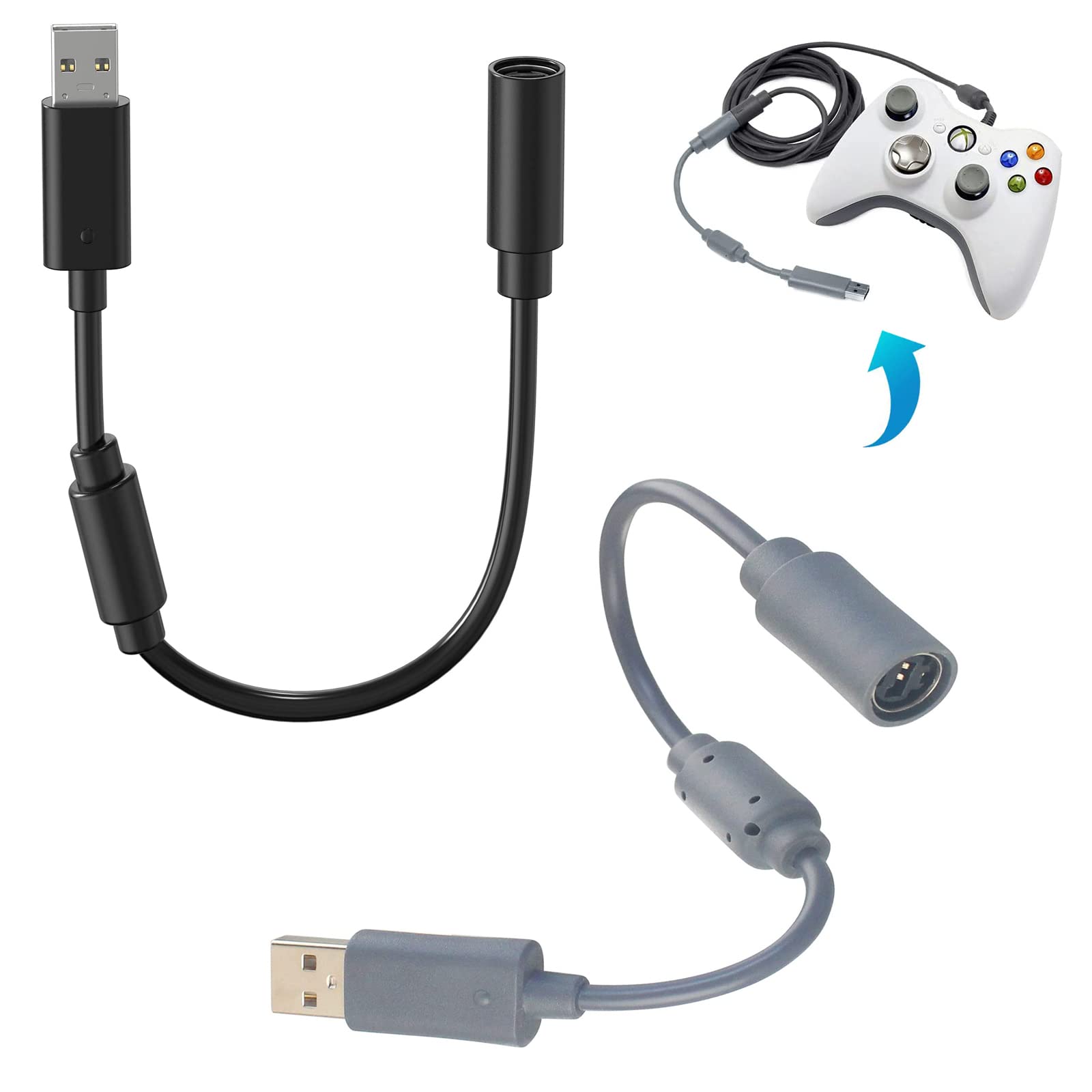 [1+1Pack]USB Breakaway PC Extension Cable Cord Converter Adapter Compatible withXbox 360 Wired Controller Gamepad ，Black&Dark Grey