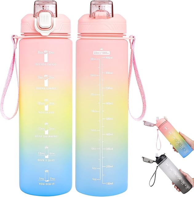ZINUU 1L Water Bottle with Straw - Sports Drinks Bottle with Motivational Time Marker Bpa Free Large Leak Proof Plastic Bottle for Kids Men Women Fitness Gym Running Cycling School Office