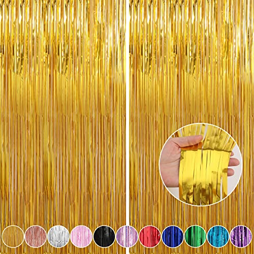 Image of 2 Pack Gold Foil Fringe Curtains Streamers Party Decorations 3.3 x 8.2 ft, Gold Tinsel Curtain Fringe Backdrop for Parties, Door Fringe Birthday Streamers, Photo Booth Backdrops, Party Decor