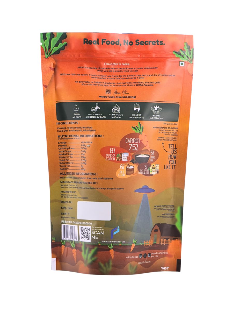 Wilful Shatters Air-Fried Carrot Chips, 80g, Natural Seasoning, No Additives