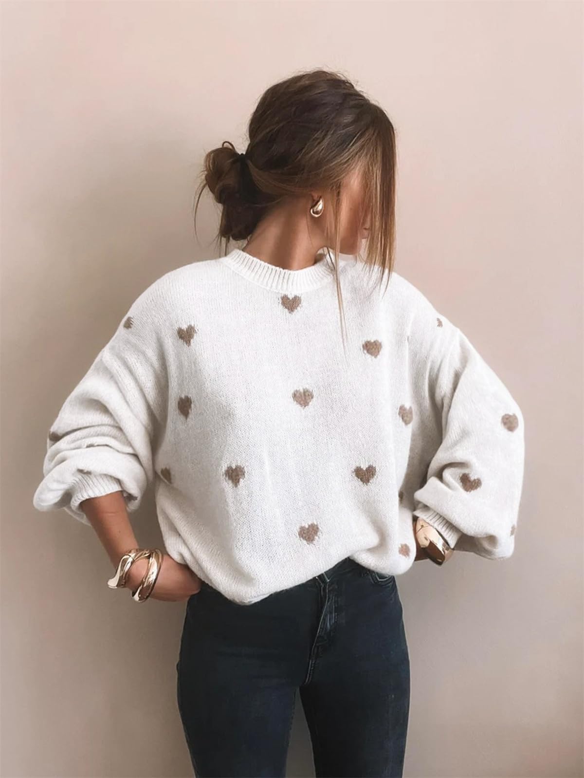 Maglione oversize da donna a forma di cuore per San Valentino, maglione lavorato a maglia, sciolto con spalle cadenti casual