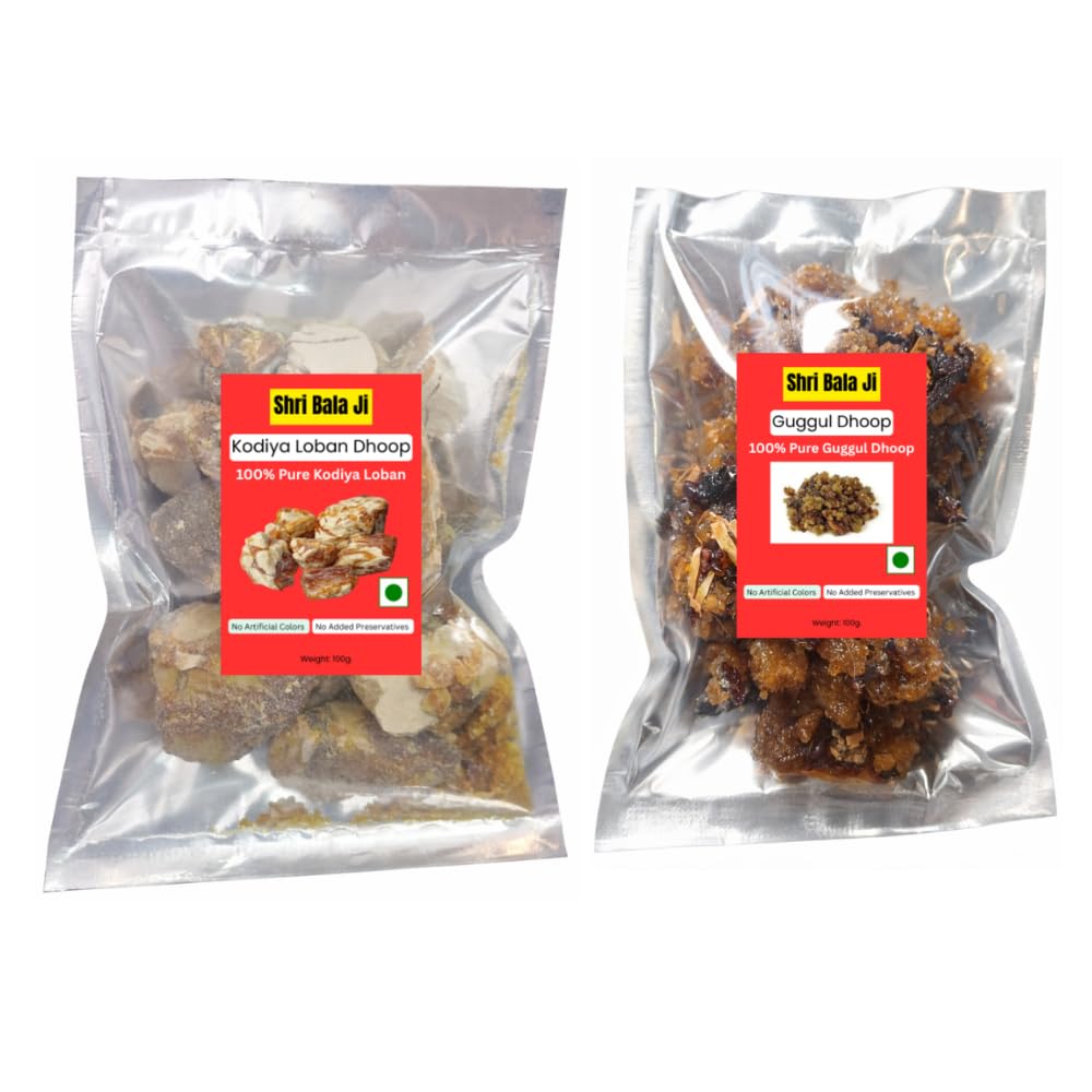 Shri Balaji Pure kodia Loban and Guguul 200 Gram (100 Gram Each) Loban Dhoop Sanbrani Large Benzoin Crystals Koudia loban Guggul Dhoop for Puja Pure Natural Guggal for Hawan & Positive Energy-image-20
