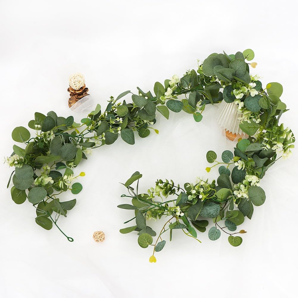 Ghirlanda di eucalipto artificiale, 180 cm, foglie di plastica flessibile, a bassa manutenzione, decorazione per matrimoni, feste, casa, confezione da 2