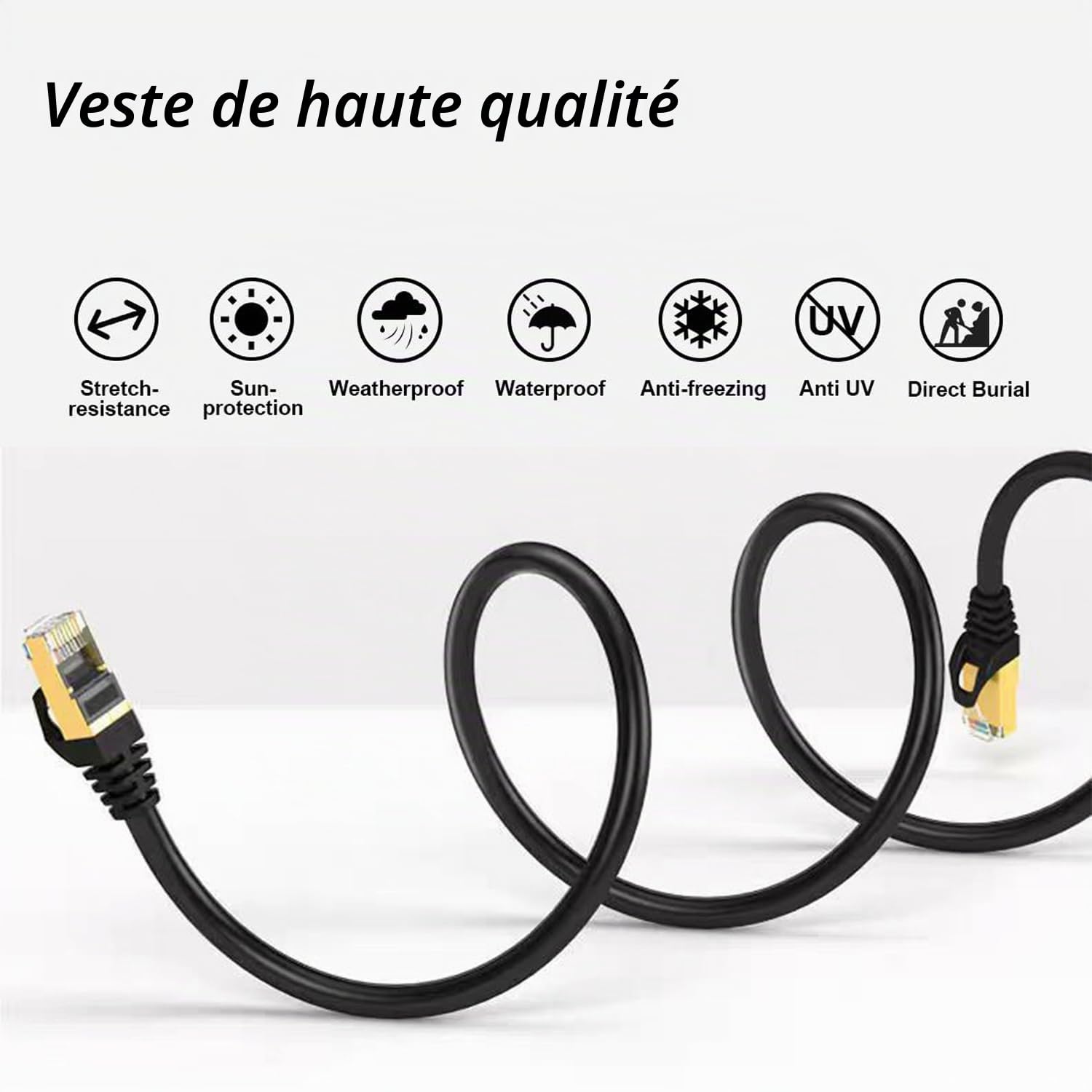 Elfcam - 50m Cat7 Câble Ethernet Rond, Diamètre Extérieur de 4,8 mm, Bande Passante de 600 MHz, Blindage U/FTP, 28 AWG, Cuivre pur, Convient pour Internet, Les PC et Les Routeurs, Noir.