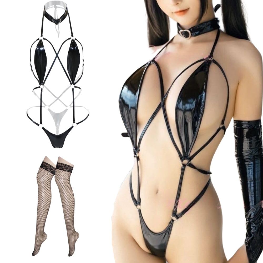 [MORApink] ボンテージ セクシー コスプレ 小悪魔 女性用 エナメル 光沢 マイクロビキニ 水着 過激 黒 コスチューム 衣装 網タイツ ストッキング セット