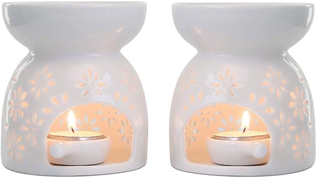 ComSaf Wax Melt Burners Essential Oil Burners Set of 2 - Flower Pattern, Lovely Aromatherapy Aroma Burner Ceramic Lamp Diffuser Candle Tealight Holder Home Bedroom Decor Christmas Housewarming Gift