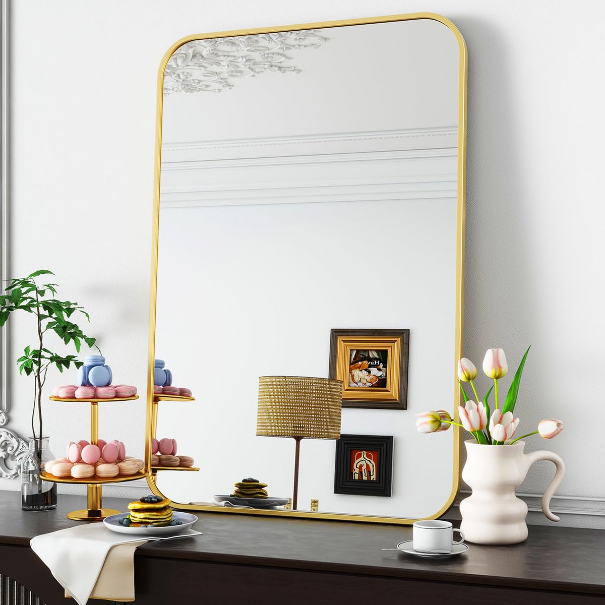 Koonmi Gold 96 X 66 Cm Wall Mirror, Rectangular Metal Frame, Bathroom Mirror, Round Corner, Wall Mirror For Bathroom, Living Room, Wall Mounted, Horizontal Or Vertical,