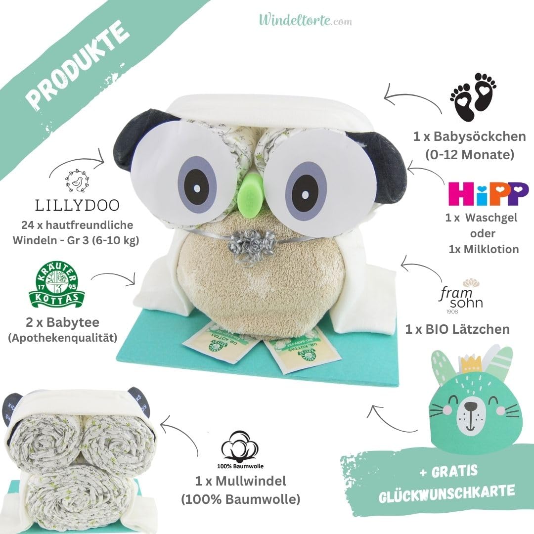 Eulen Torte Unisex Neutral - Neugeborenen Geschenk Geburt [Freude Schenken] Babyparty Pullerparty Baby Socken Erstausstattung 0 Monate Feuchttücher Spucktücher - Torte bestellen…