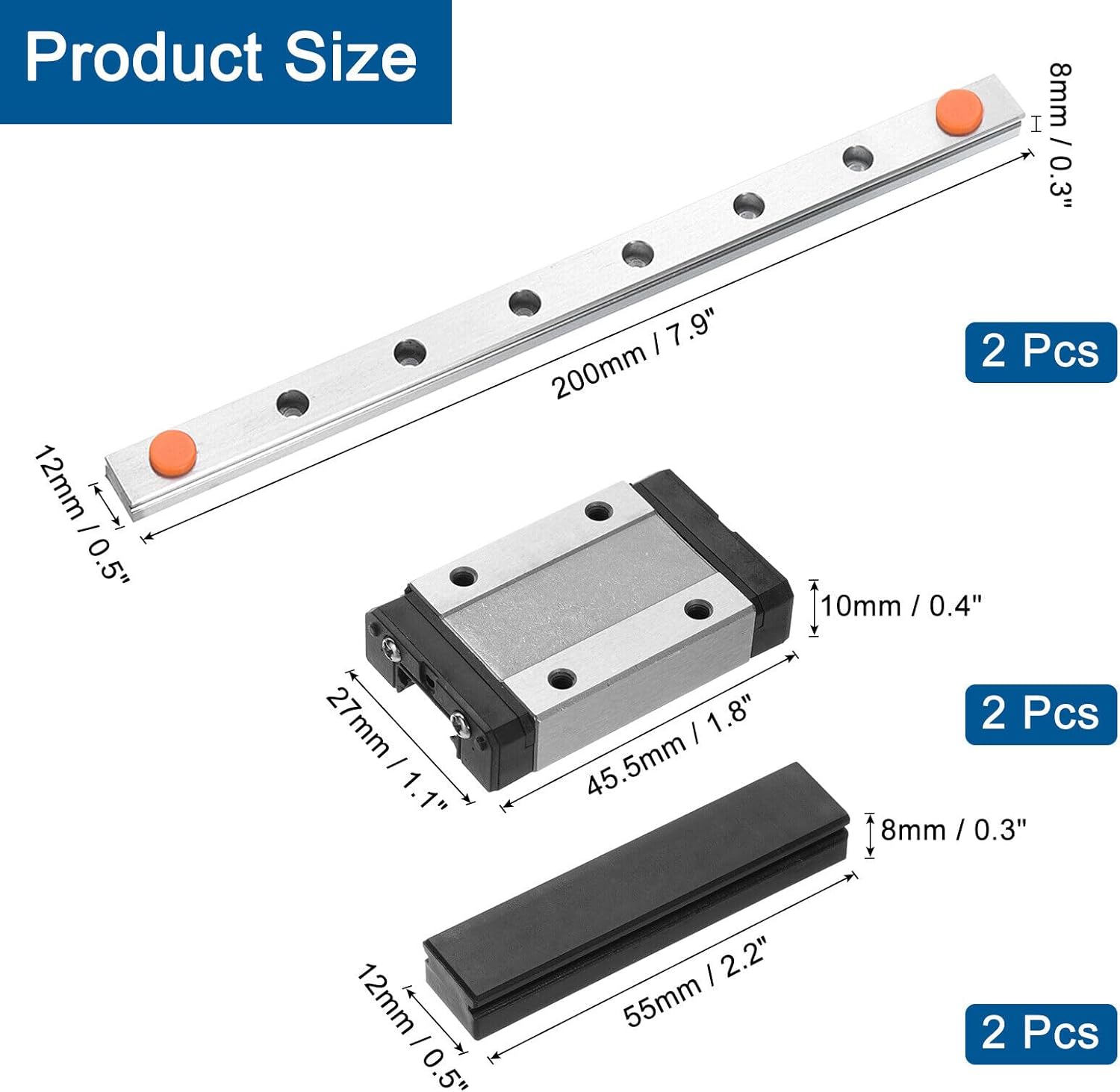 Toolparts And Accessories 2pcs MGN12 200mm Linear Guide Rail With 2pcs MGN12H Carriage Block Bearing Steel (#CN#130824-09981)