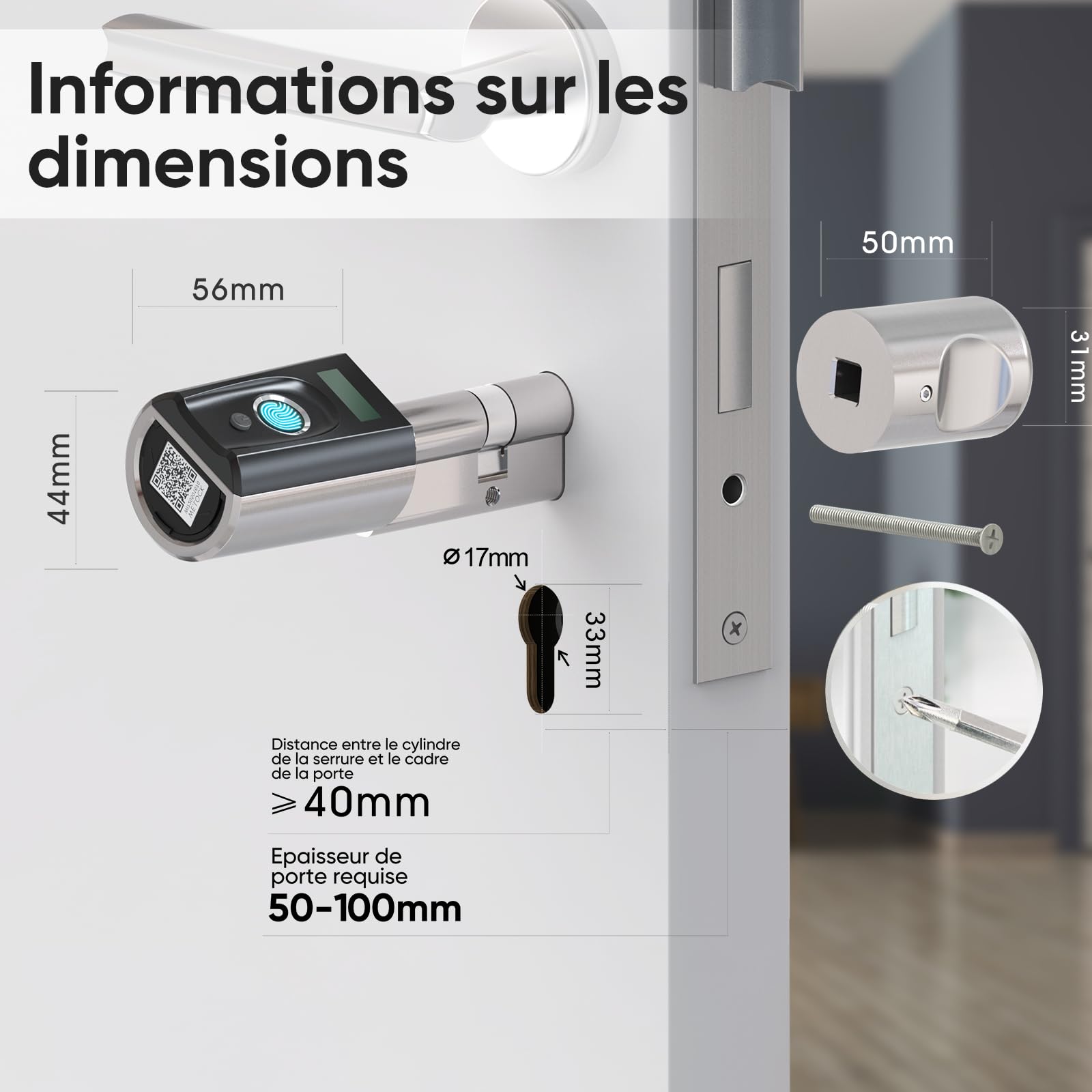RUILON Serrure empreinte digitale - Touch41 Serrure connectee porte entree IP65 avec 3 cartes RFID, Cylindre biometrique 40x30 pour épaisseur de porte 50-100 mm Maison Bureau facile à installer