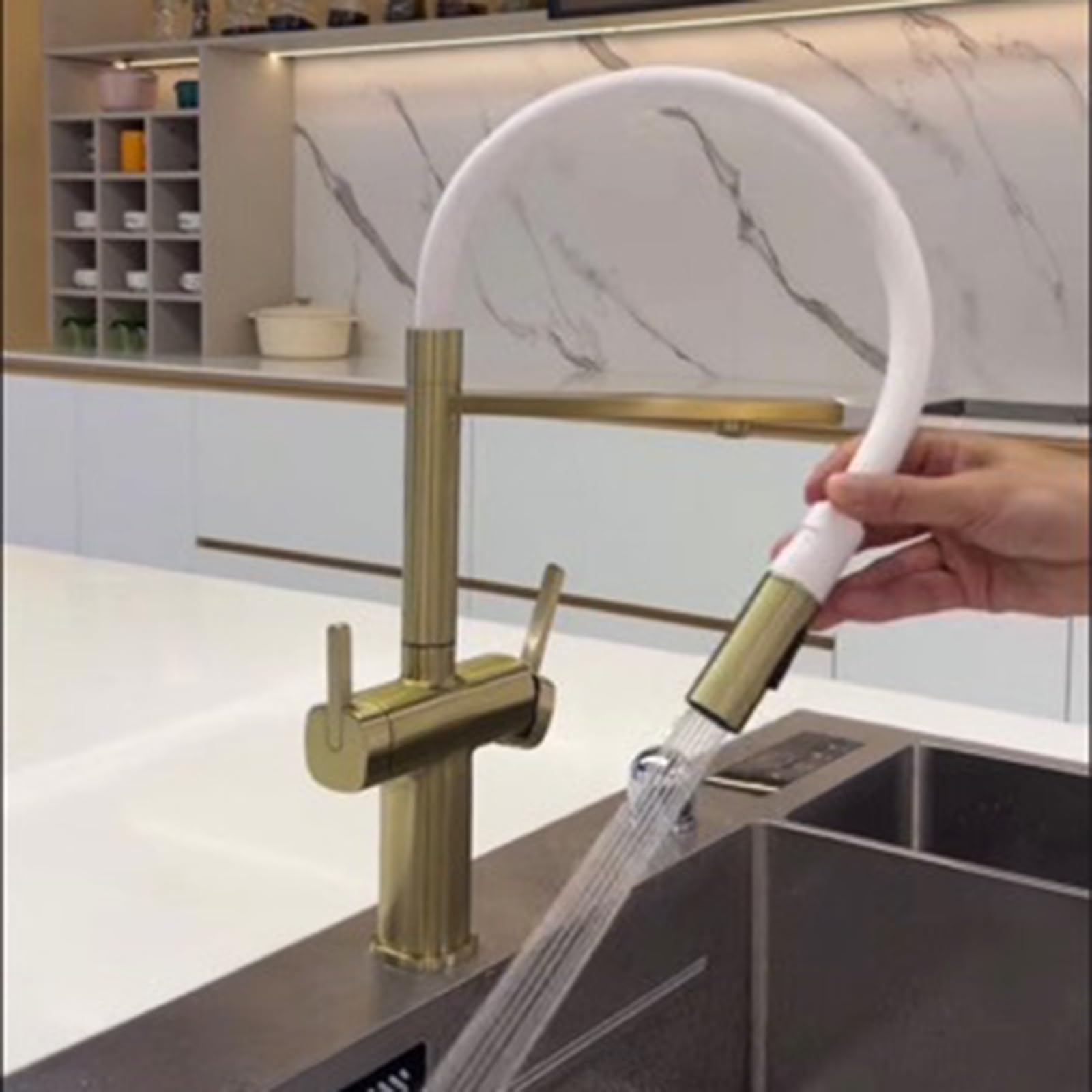 Grifo Cocina 3 Vias Osmosis Extraible Oro Cepillado Grifo Cocina Flexible Latón-Oro Cepillado