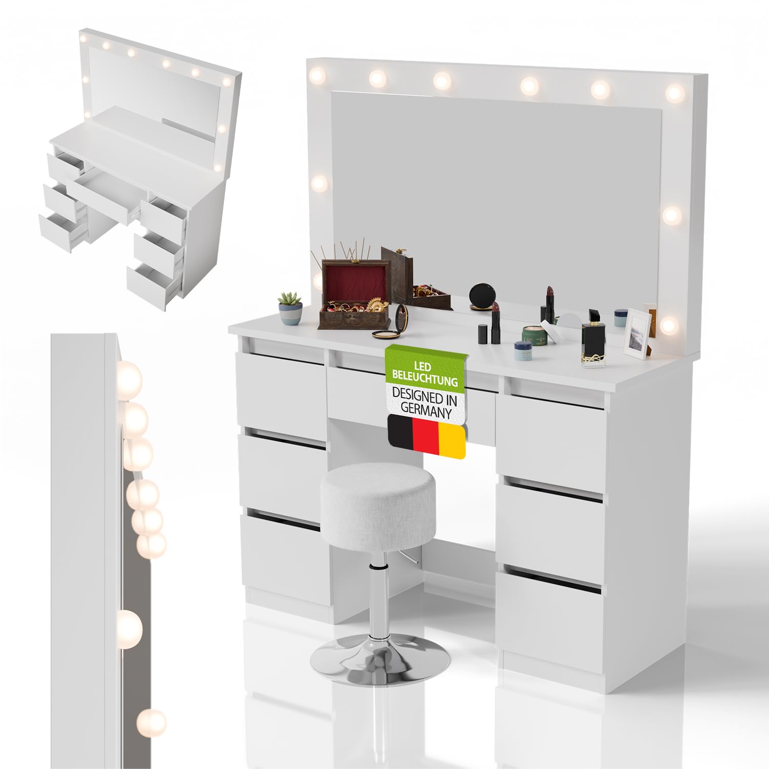 Juskys Schminktisch Lilia mit LED-Spiegel & Hocker Tonia – Weiß