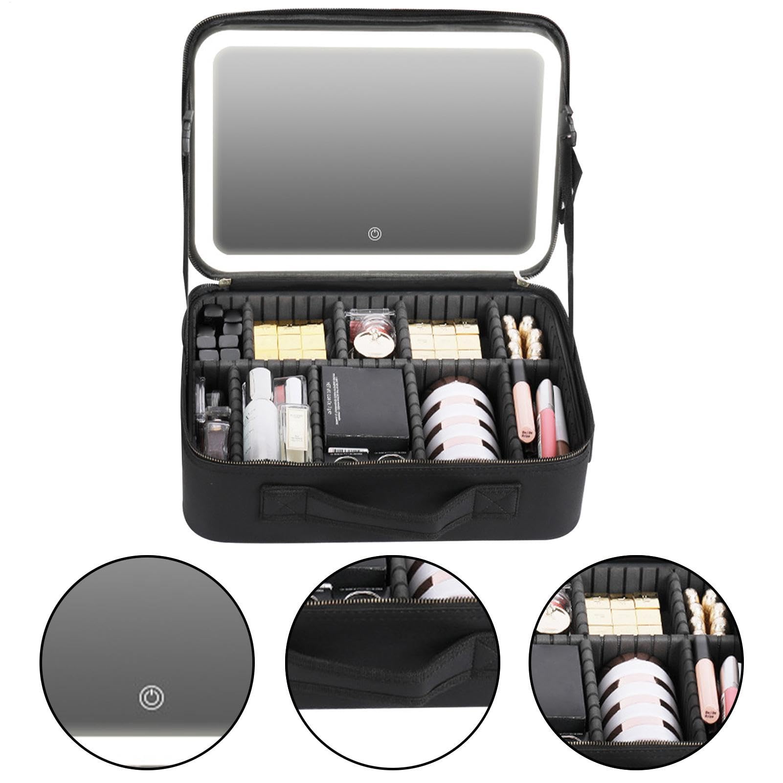 Neceser portátil – Estuche de Maquillaje de Viaje para Mujer, Estuche de | Maquillaje con Cremallera, portátil a Prueba de Polvo con Espejo y Luces, Varios Compartimentos, Negro, Small, Consulte