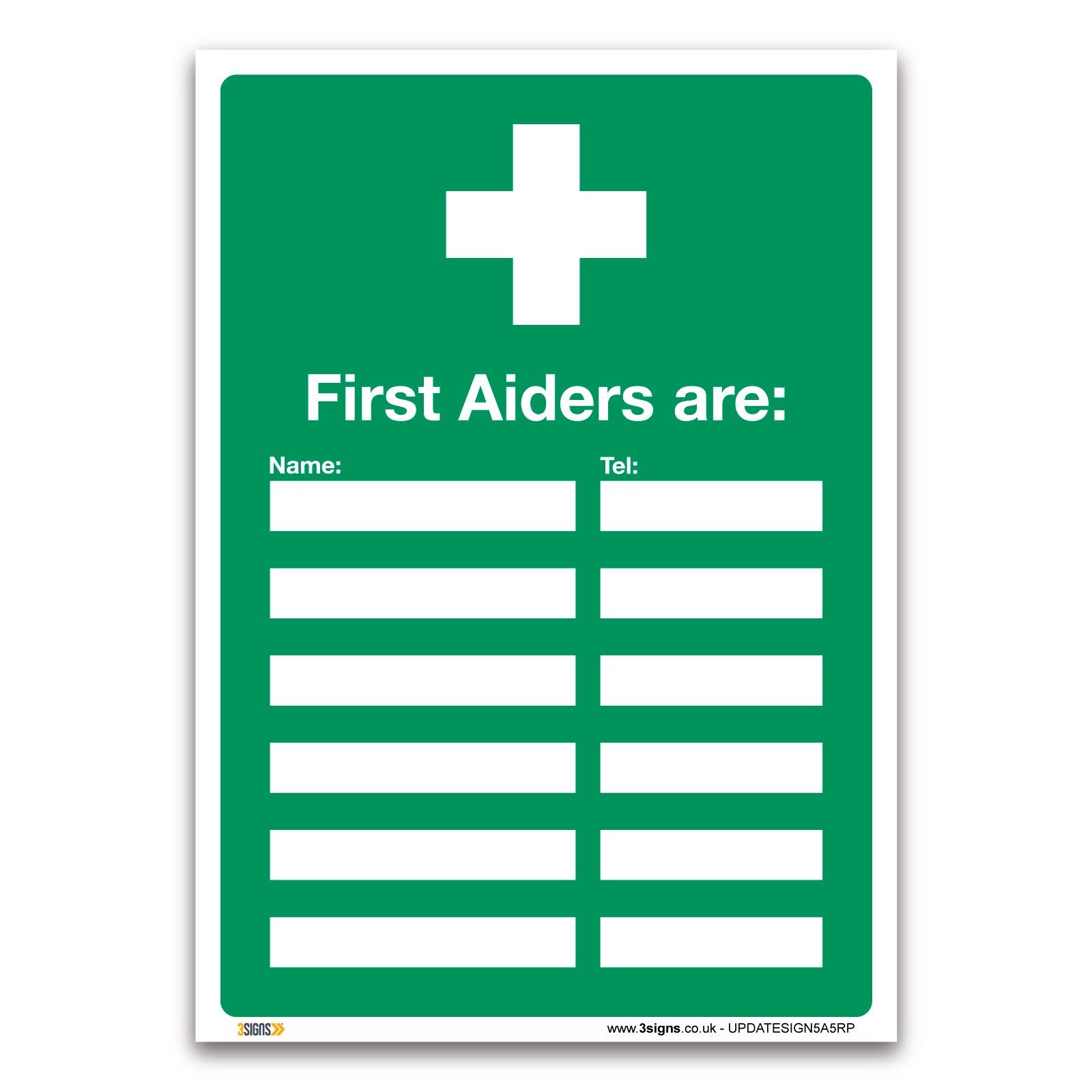 3 Signs Green First Aiders Are Sign - Update Sign - 1Mm Rigid Plastic - First Aid Emergency Safety (A5-210 X 148Mm)