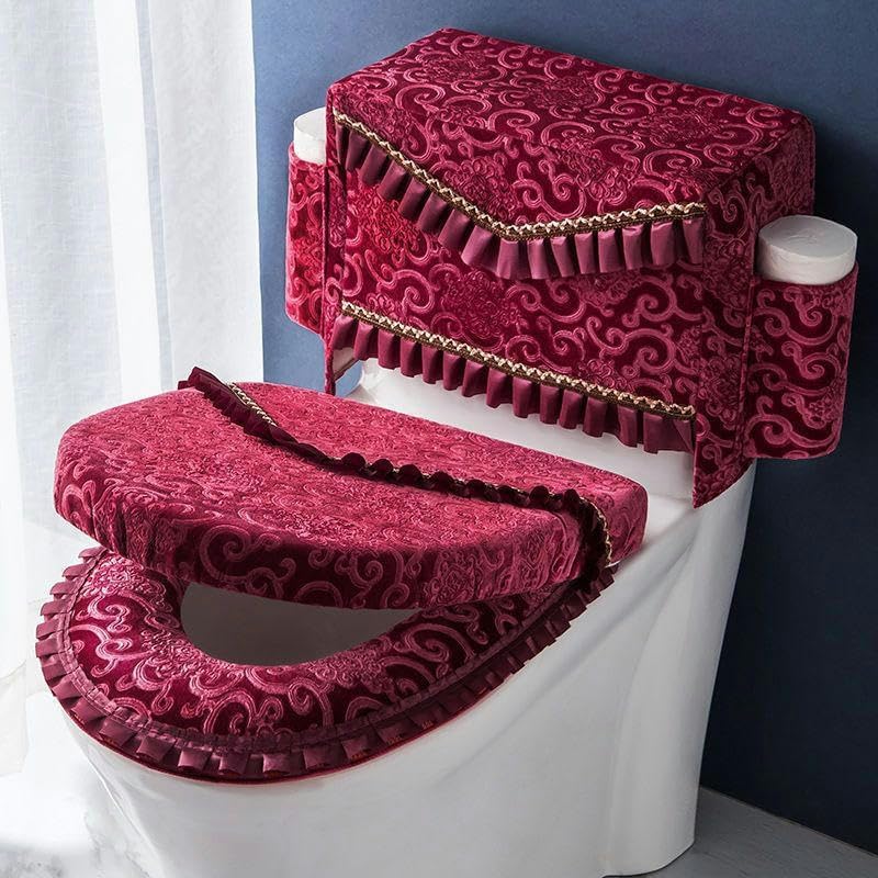 Toilet Lid Cover Set,3PCS/Set Toilet Lid & Tank Covers with Pockets Toilet Seat Cover Pads Toilet Lid Cover Set Lace Toilet Lid Covers(Light pink)(Rood)