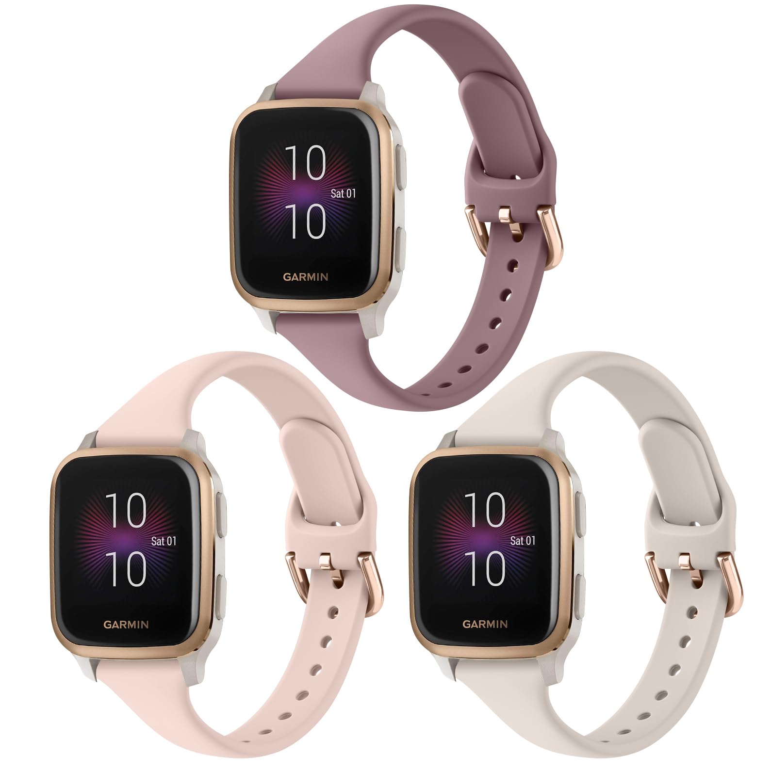 3-Pack Slim Bands Compatible with Garmin Venu/Venu Sq 2, 20mm Soft Slim Silicone Sport Replacement Wristband Straps for Women Men (Smoke Violet+Pink