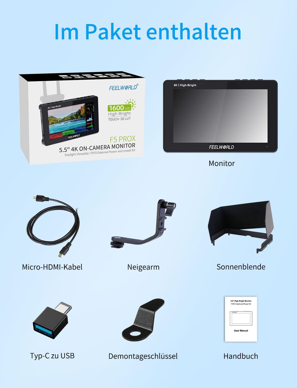FEELWORLD F5PROX Kamera Field Monitor 5.5 Zoll 1600Nit Touchscreen 3D LUT 1920x1080 IPS 4K HDMI DSLR Camera Monitor mit F970 Akku Kameratasche Typ-C-Eingang | mit F750 Akku-Tasche, 4K HDMI In Out, 3D LUT HDR Waveform Focus, für Beruf Videofilmer Outdoor,
