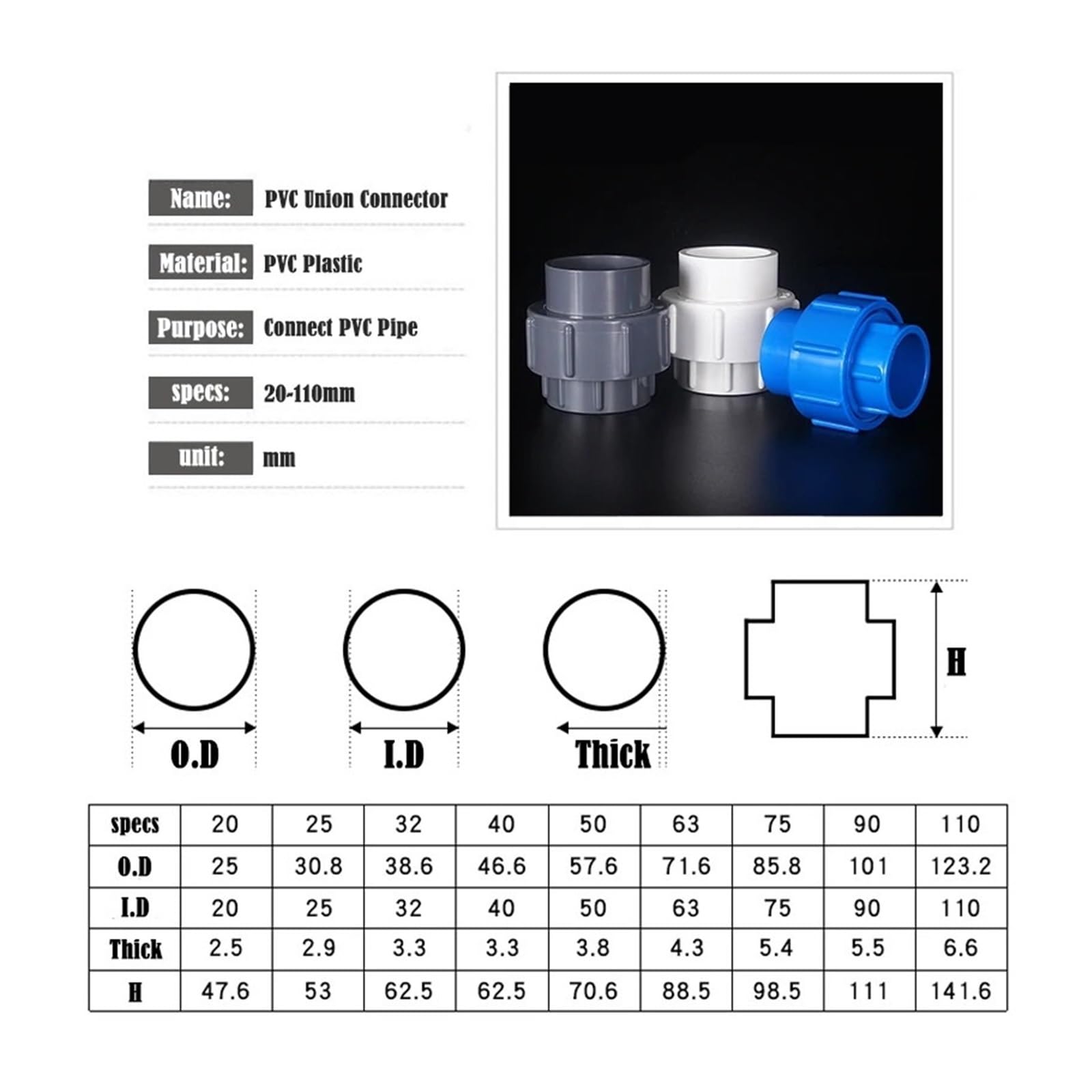 Generisch PVC Union Connector Aquarium Tank Wasserversorgung Rohr Buchse Kupplung Gelenke Gartenbewässerung Armaturen 5 Teile/los Innendurchmesser 20~40mm(Blue,Inner Dia 40mm)