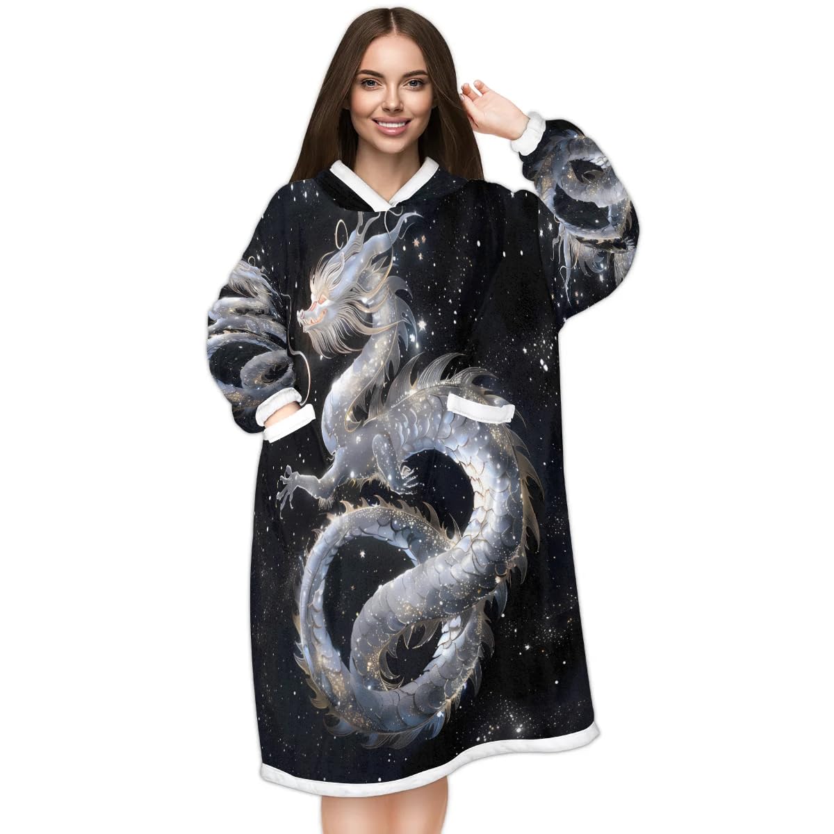 Galaxy Dragon Wearable Blanket Hoodie for Women Men Adults, Chinese Dragon Moon Oversized Sweatshirt Blanket Warm Cozy Sherpa Hooded Blanket with Pocket