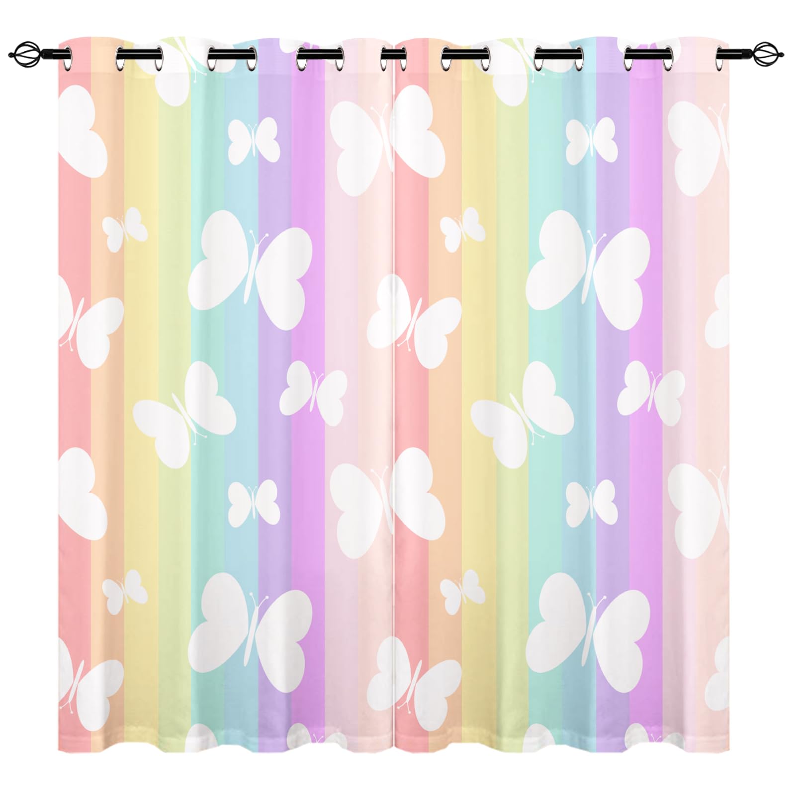 YUANZU Schmetterling Vorhänge Mädchen Regenbogen Streifen Ösen Gardinen mit Blickdichte Vorhang Kälteschutz Blackout Curtain Mädchenzimmer Schlafzimmer Verdunkelung Fenster, 2 Stück, H 220 x B 140 cm