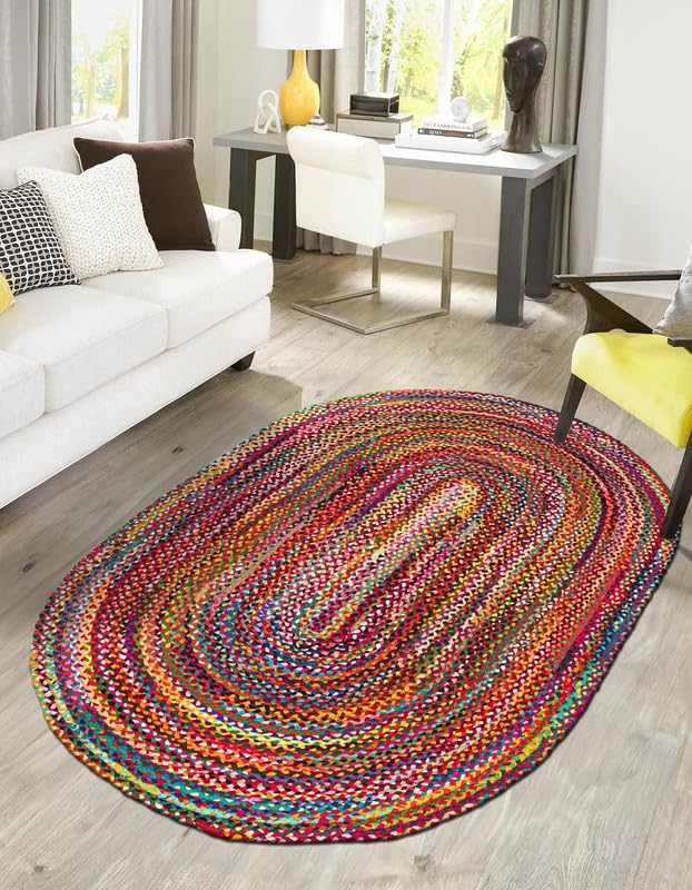 Tapis ovale en coton tressé à la main, réversible, de style bohème rustique, durable et respectueux des animaux domestiques, pour salon, salle à manger et chambre à coucher, 1,2 x 1,8 m