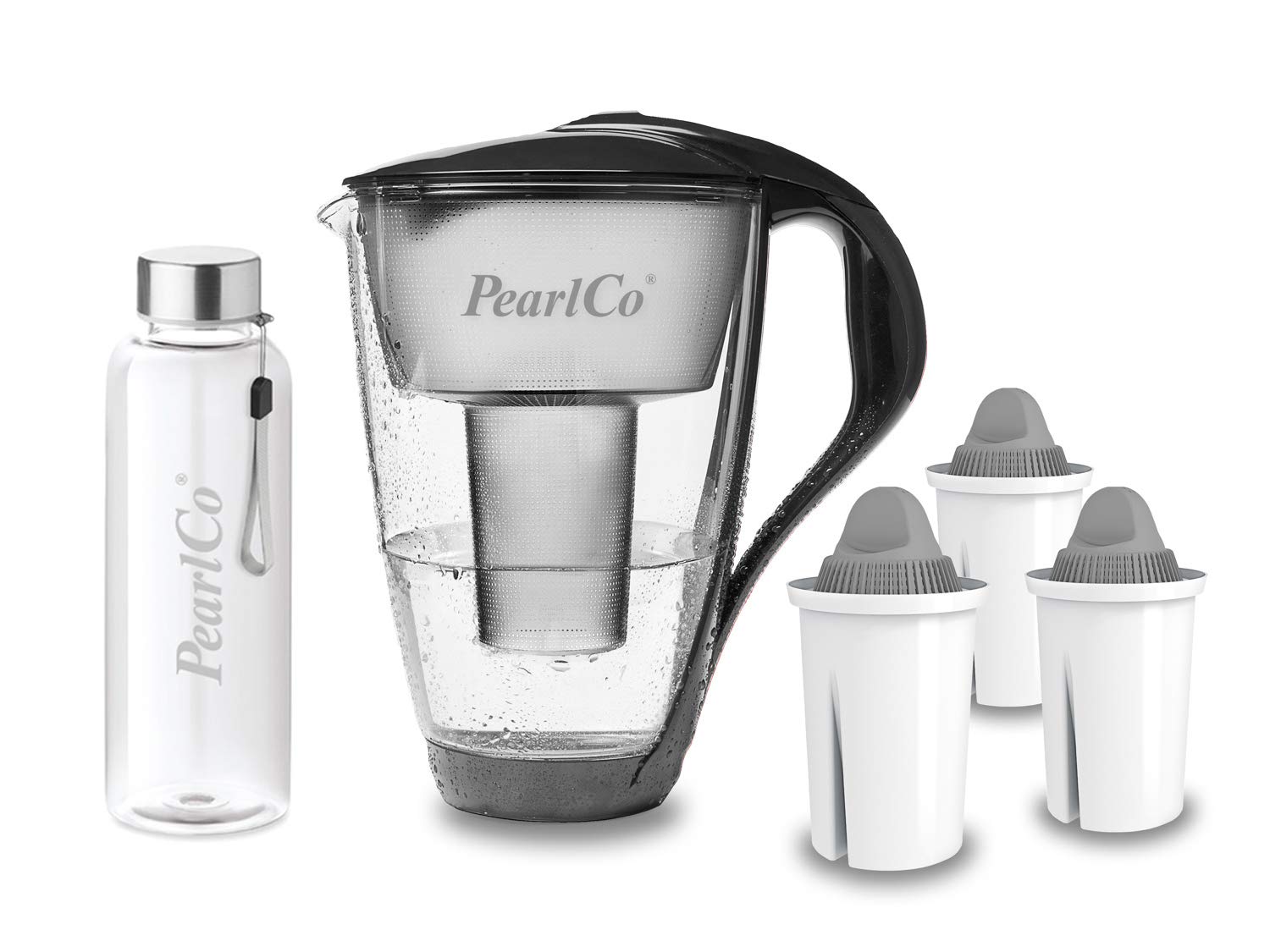 PearlCo - Szklany filtr do wody (antracyt) z 3 wkładami filtrującymi Protect+ Classic (do twardej wody) + 1 butelka do picia ze szkła