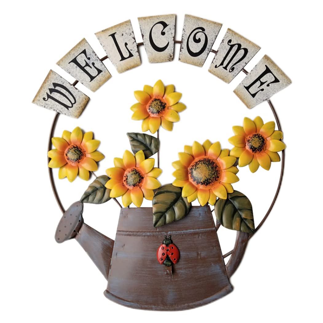 Nukinp Iron Hanging Sunflower Welcome Sign with Watering Can Metal Sunflower Wall Art for Home Decor Yellow