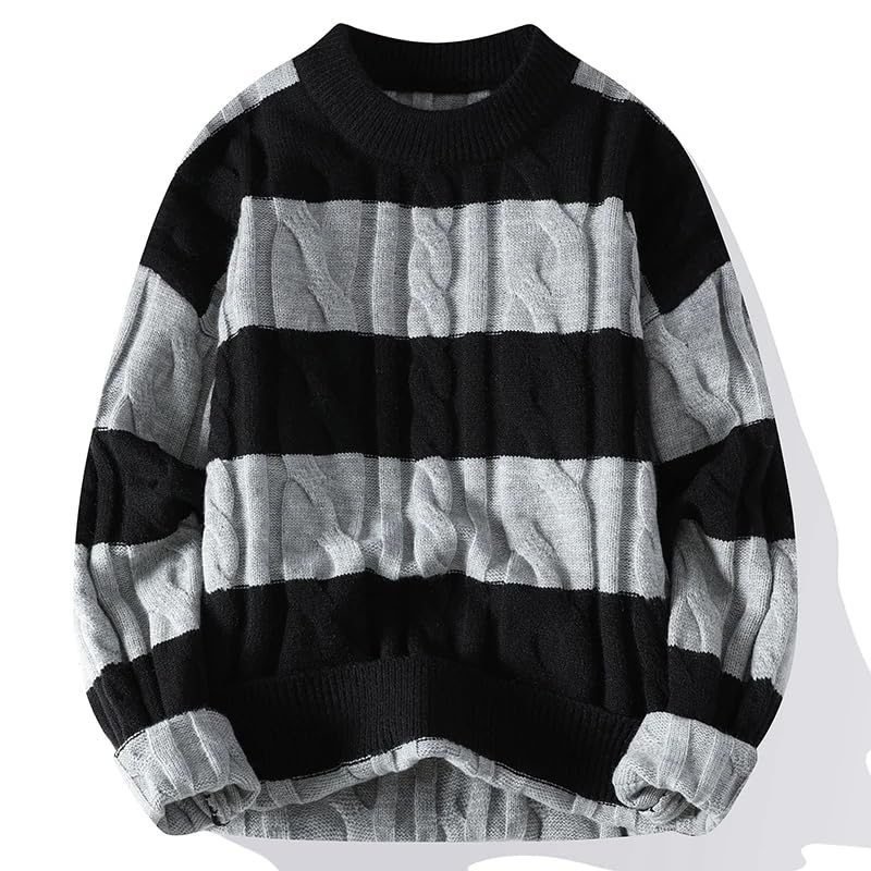 Men Long Sleeve Stripe Sweater Harajuku Printed Pullover Top Oversized Loose Round Neck Knitwear3