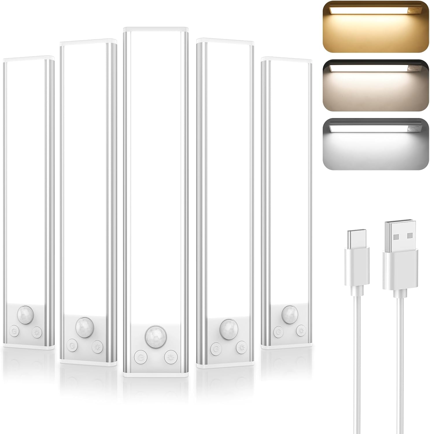 5-Pack Under Cabinet Lighting, 1800mAH Rechargeable Battery Operated Motion Sensor Lights Indoor with 3 Color Temperature, Dimmable Wireless Magnetic Under Counter Closet Lights for Kitchen, Stairs