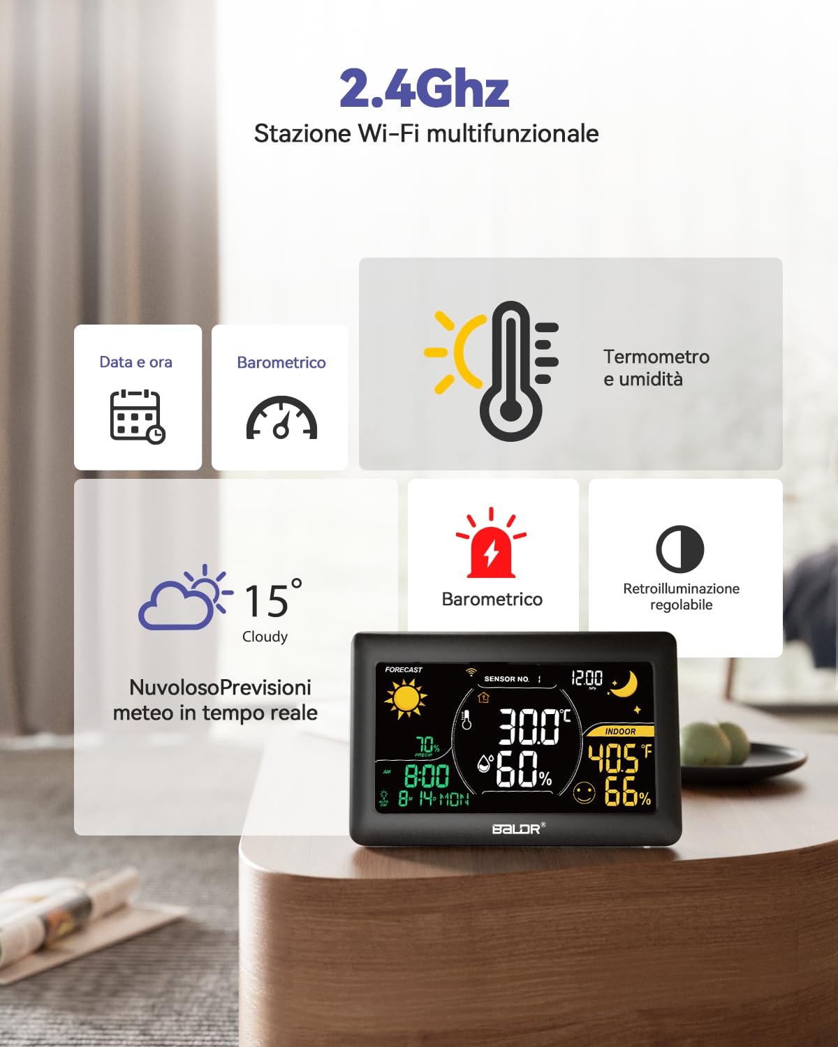 Stazione meteo WiFi con APP, display a colori da 7,5 pollici, stazione meteo wireless con 3 sensori wireless, stazione meteo wireless per interni ed esterni con previsioni Internet in tempo reale