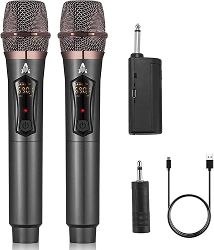 ALPOWL Micrófonos inalámbricos, sistema de micrófono dinámico de metal con receptor recargable, duración de 50 horas, rango de 200 pies, micrófono