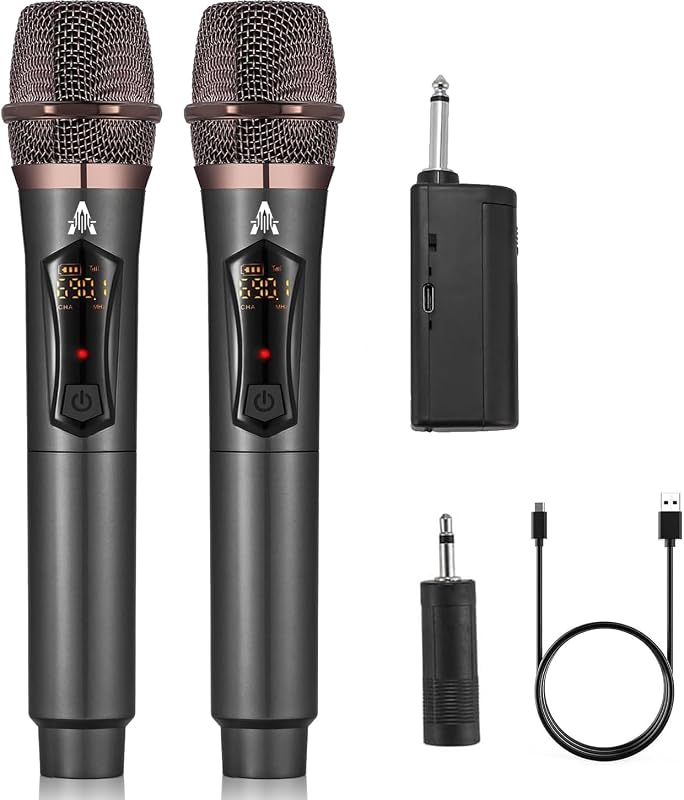 ALPOWL Micrófonos Inalámbricos, Sistema de Micrófono Dinámico de Metal con Receptor Recargable, Duración 50H, Alcance de 200 Pies, Micrófono para Karaoke, Canto, Boda, DJ, Fiesta, Discurso, Iglesia