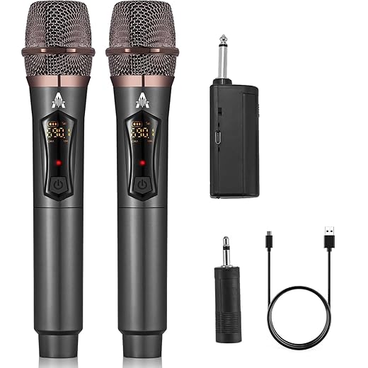 ALPOWL Wireless Microphones, Metal Dynamic Microphone System with Rechargeable Receiver, 50H Duration, 200ft Range, Microphone for Karaoke Singing, Wedding, DJ, Party, Speech, Church