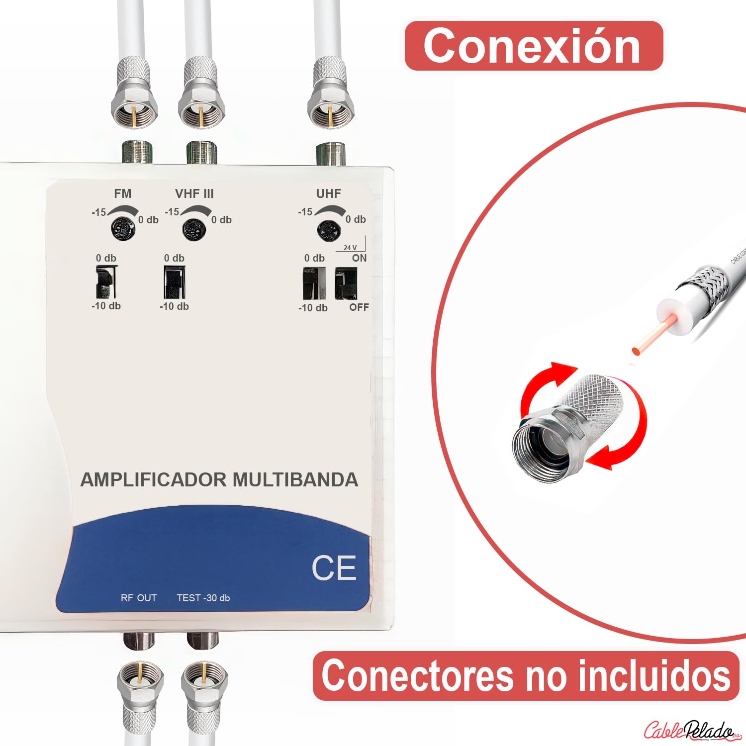 CABLEPELADO - AMPLIFICADOR MULTIBANDA Cablepelado | FM + VHFIII + UHF | Ganancia hasta 47 dB | Alimentación 220V | LED indicador | Ideal para TDT, SAT y FM