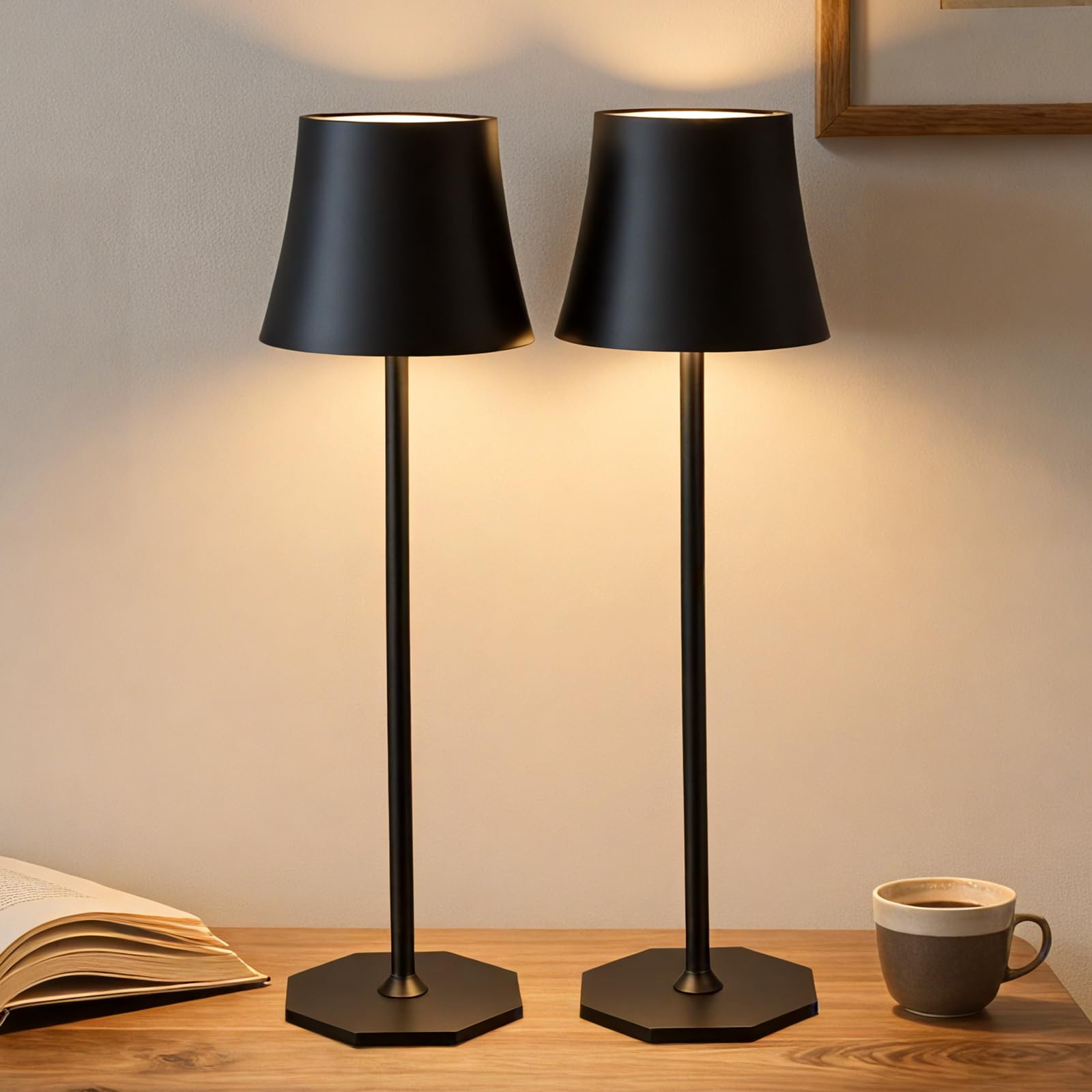 2pcs Lampada da Tavolo LED Senza Fili, 3 modalità Colore,Nero | Lampada da Tavolo Ricaricabile e Senza Fili con Controllo Touch, Altezza Regolabile, Lampada da Comodino, Lampada da Lettura