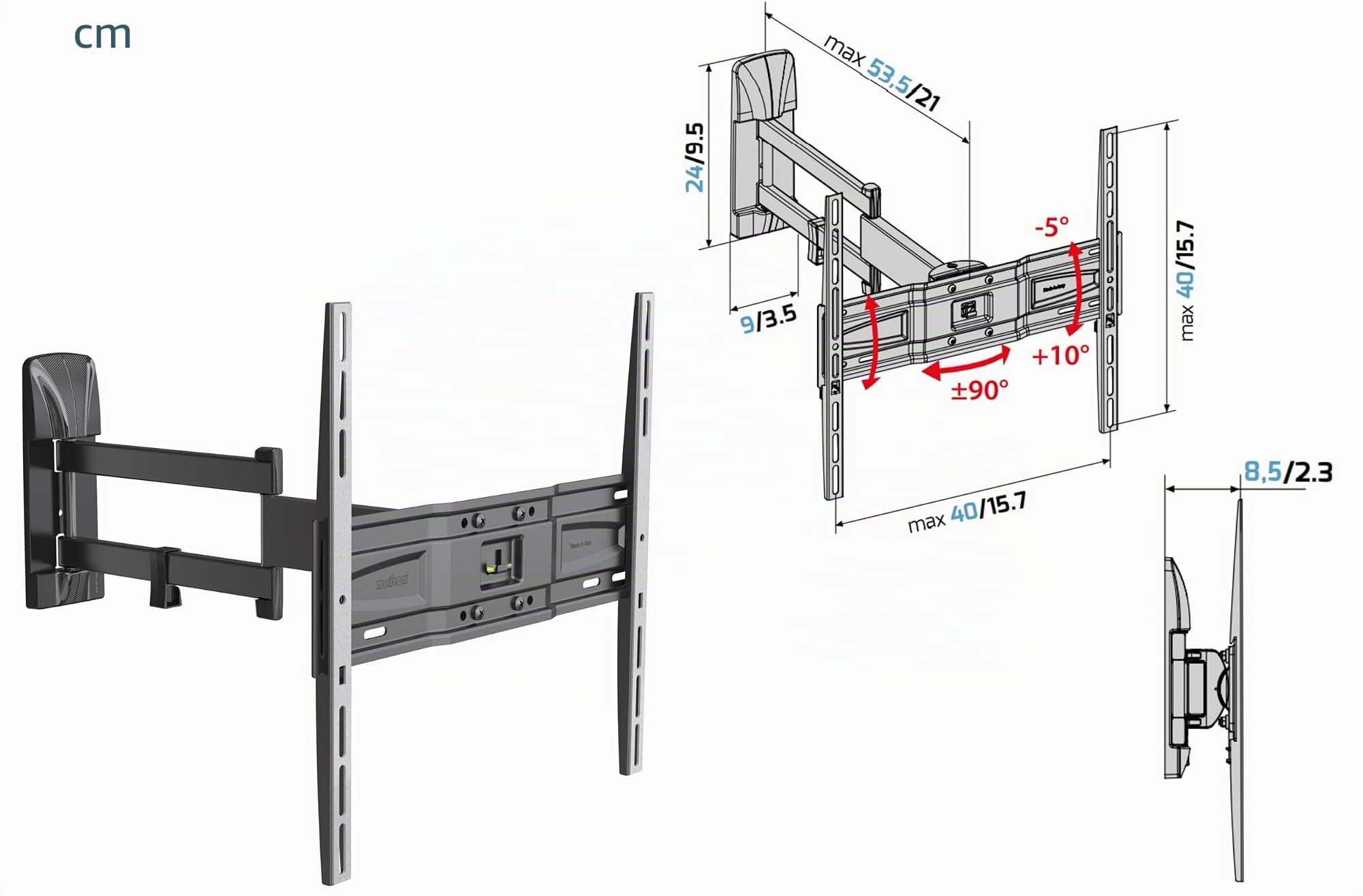 Meliconi Slimstyle Plus 400 Sdr, Supporto con Doppio Braccio da Parete per Tv a Schermo Piatto Da 40’’ A 82’’, Nero